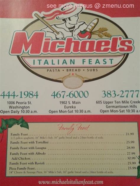 Michaels eureka - Michaels Italian Feast « Back To Eureka, IL. 1.30 mi. Italian, Caterers, Fast Food $$ 309-467-6000. 1902 S Main St, Eureka, IL 61530. Hours. Mon. ... Michael's Italian Feast is a restaurant located at 1902 S Main St in Eureka, IL. Michael's Italian Feast is a casual, cozy restaurant with a moderate price point. They offer catering, a children ...